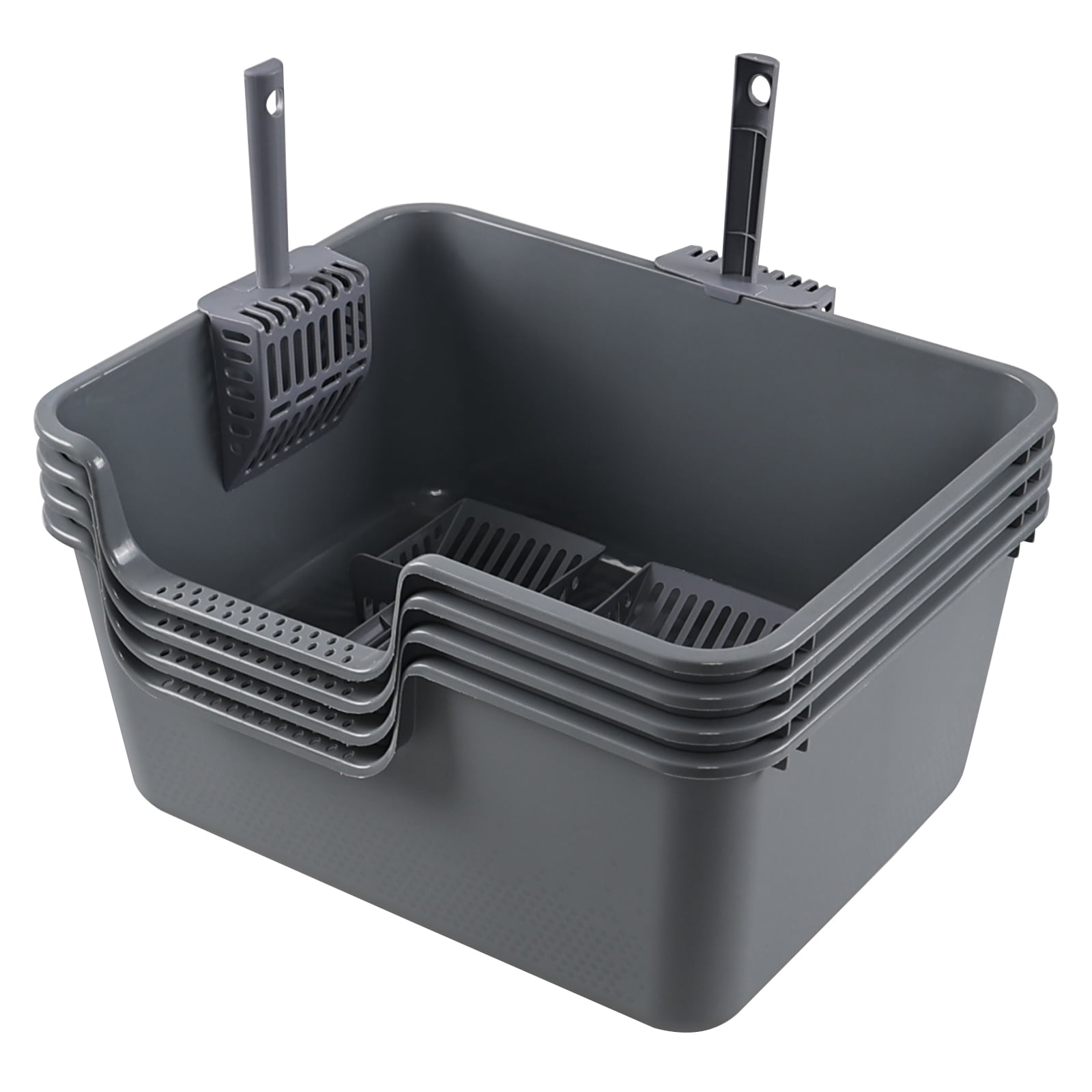 Obstnny 4-Pack Plastic Open Top Cat Litter Box, Litter Box with High Sides, Gray