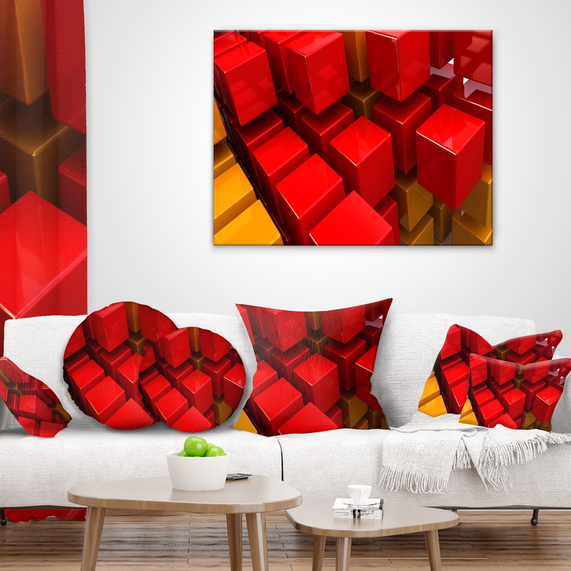 Designart Fractal 3D Red N Yellow Cubes - Contemporary Throw Pillow - 16x16