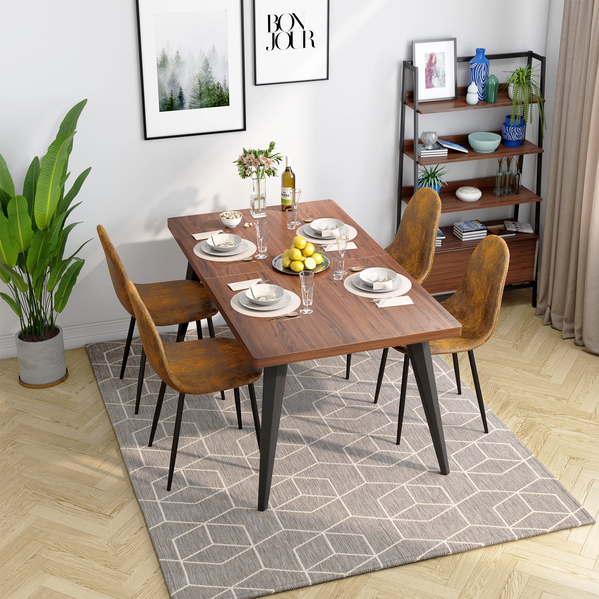 Homy Casa 63-inch Rectangular Dining Table for 4-6 with Metal Legs, Dark Brown