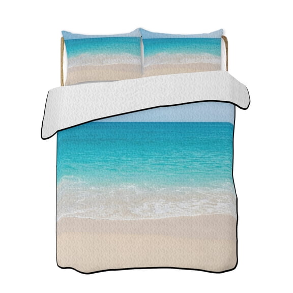 Full Size Quilt Bedding Set, Blue Waves Seaside Reversible Summer Quilt 3 Pieces, Coastal Nautical Summer Beach Sea Ocean Lightweight Bedspreads Coverlets with 2 Pillow Shams for All Seasons