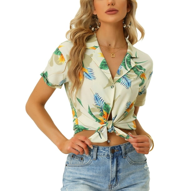 Allegra K Women's Summer Beach Tropical Floral Button Down Hawaiian ...