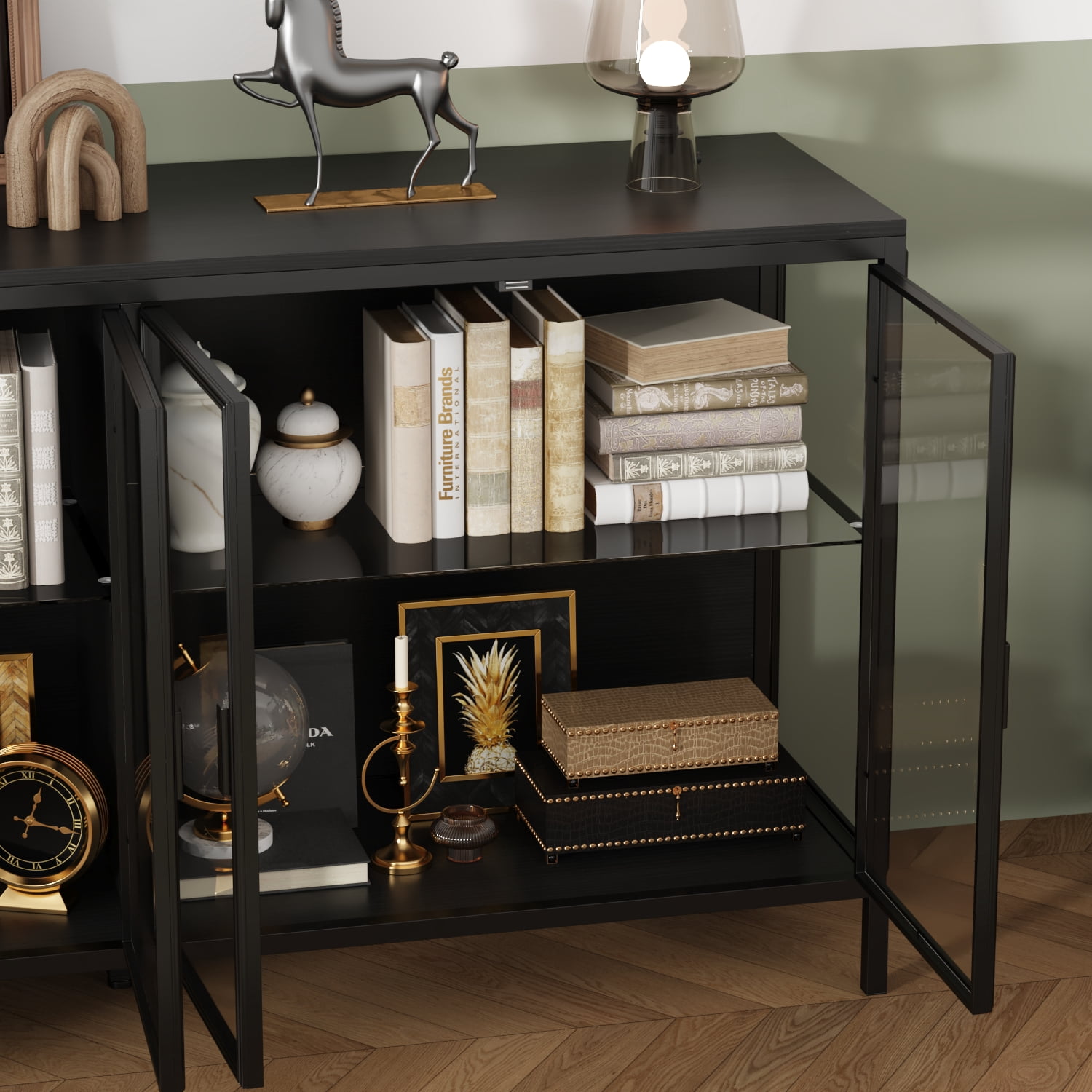WIAWG Storage Cabinet with 3-Color LED Lights, Glass Shelves & 4 Compartments, Sideboard Buffet for Living Room Dining Room, Black