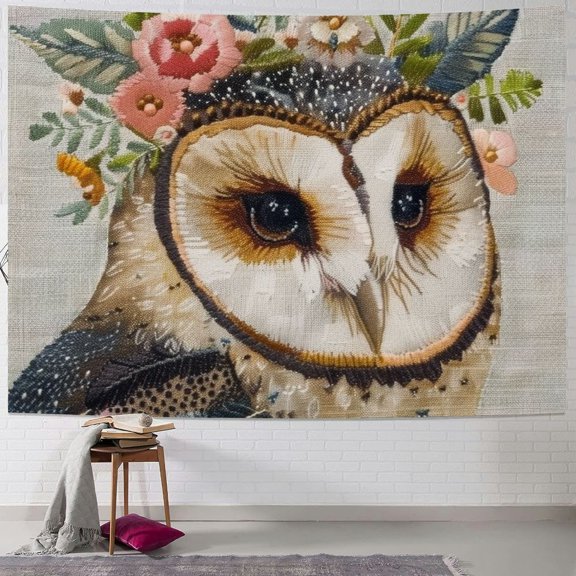 Autua Owl Flower Crown Feather Tapestry Wall Hanging Unique Style Graphic Tapestries Home Wall Decor Art Living Room Bedroom Apartment Farmhouse Dorm Wall Hanging 40x30inch