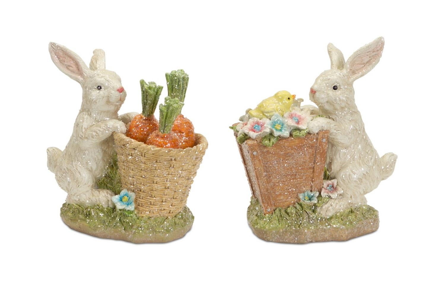 Set of 2 Glittered Easter Bunny Rabbits with Baskets Spring Table Top Decorations 7" Walmart