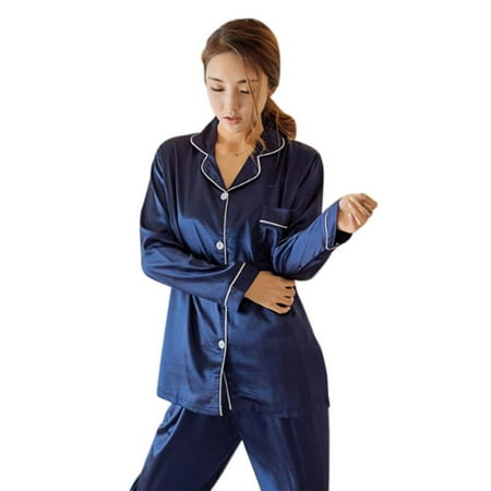 

Benefischl Women Plus Size Long Sleeve+Long Pants Sleepwear Homewear Night Wear V-neck Pajamas Sets Blue L