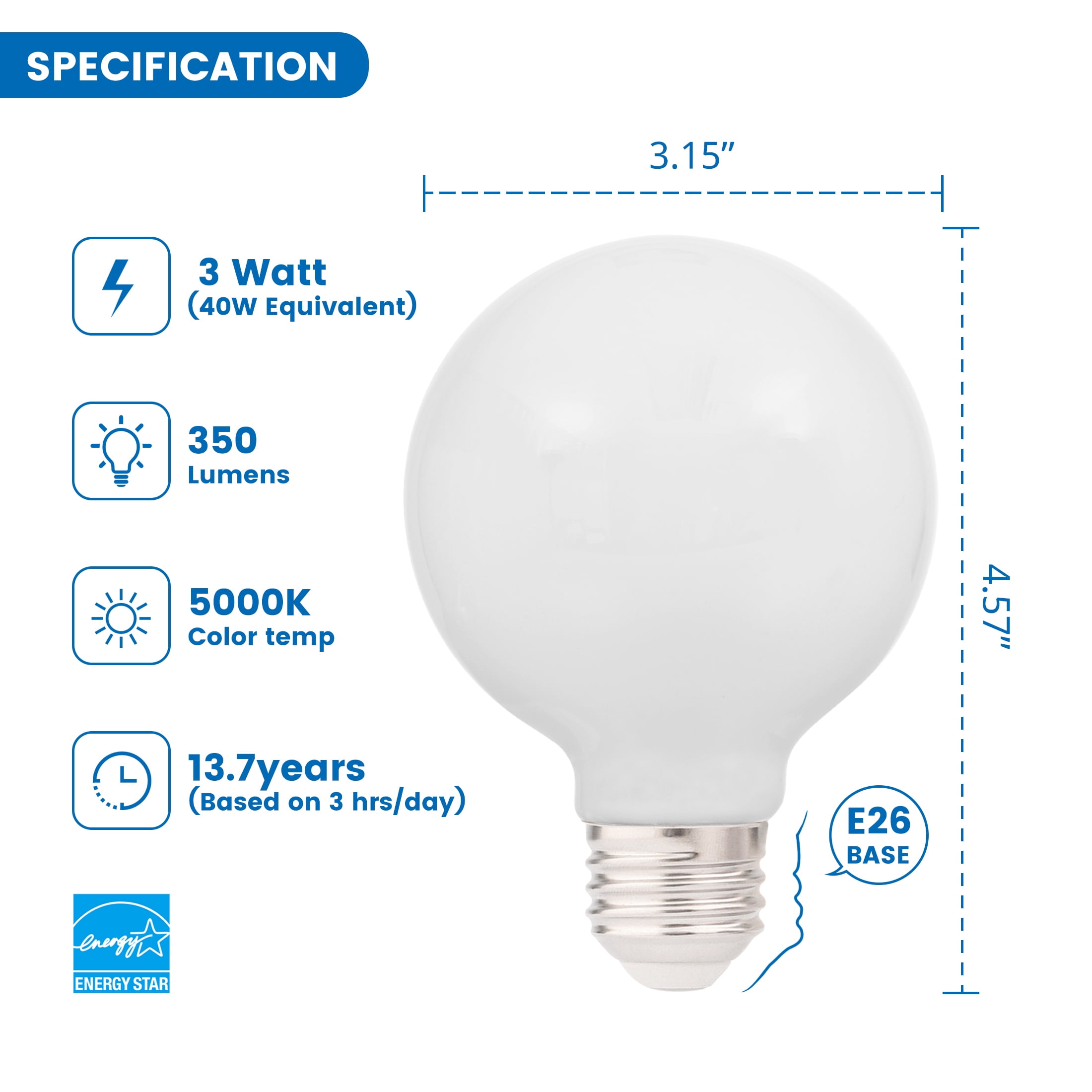 (2 pack) Great Value G25 LED Bulb, 3-Watt (40W Equivalent) Daylight Decorative Globe E26 Base Dimmable3 Pack