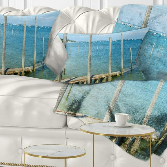 Designart Wooden Piers by Blue Sea - Seascape Throw Pillow - 12x20