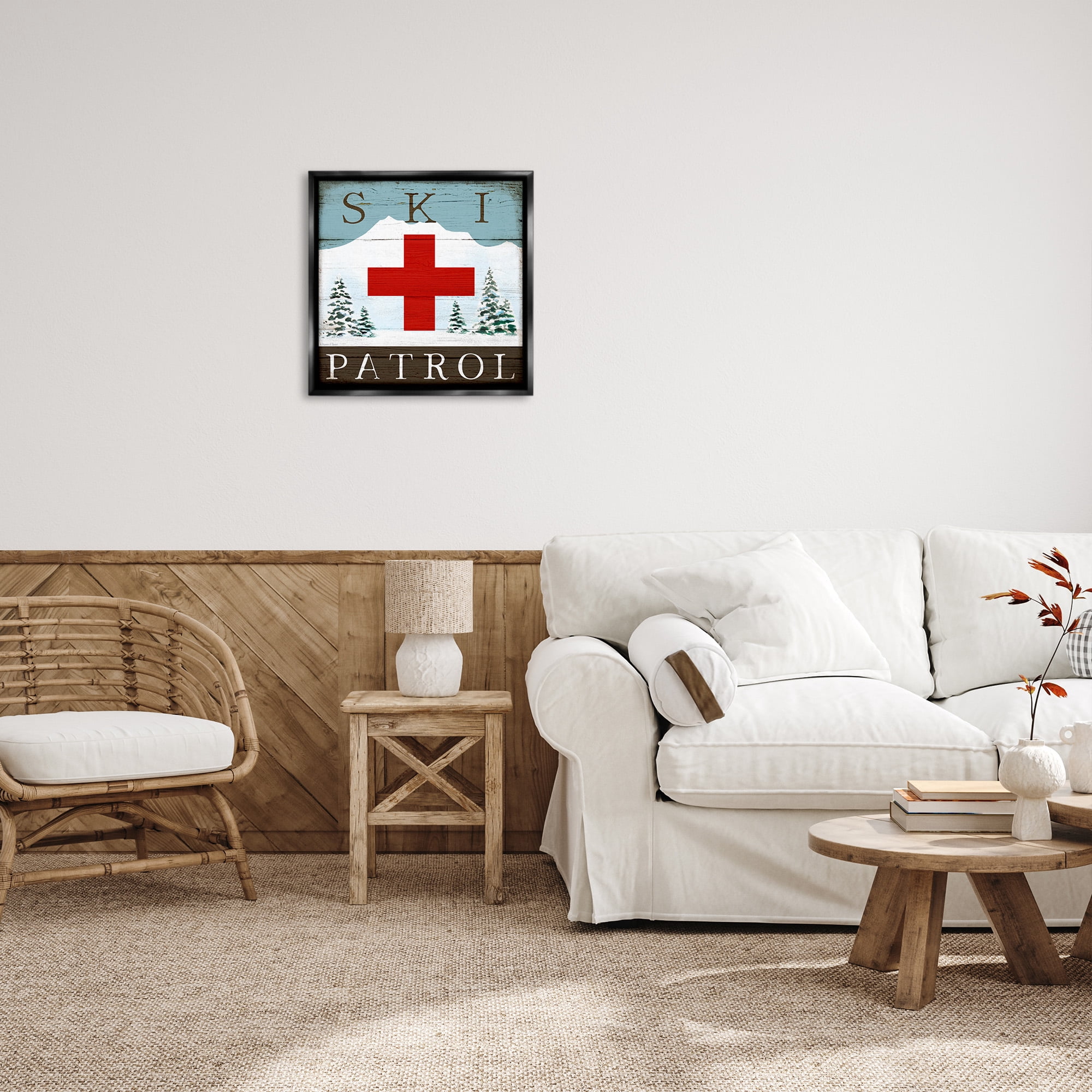 Stupell Industries Ski Patrol Rustic Cabin Sign Sports Painting Black Floater Framed Canvas Art Print Wall Art, 25 x 25