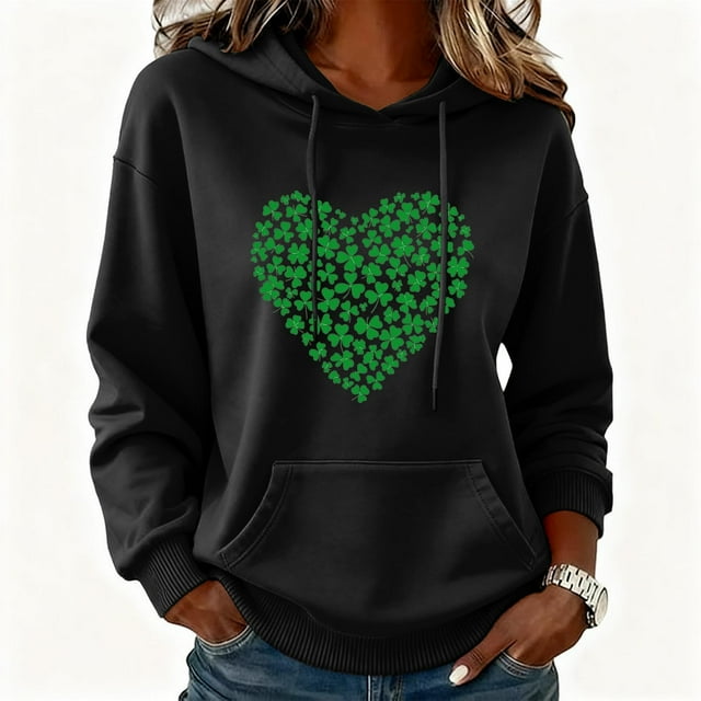 Ounisa St. Patrick's Day Hoodies Sweatshirt for Women Clover Graphic T Shirts Patty's Day Long Sleeve Tee Tops Pullover