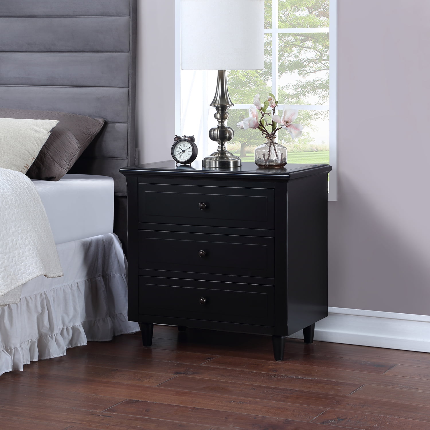Kadyn Night Stand, Pine Bedside Cabinet with 3-Drawer, Modern Wood Nightstand for Bedroom, Black Kadyn Night Stand, Pine Bedside Cabinet with 3-Drawer, Modern Wood Nightstand for Bedroom, Black
