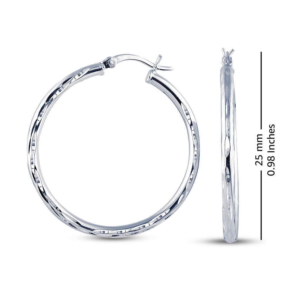 LeCalla Hypoallergenic Sterling Silver 25MM Hoop Earrings, 2.5MM Thick, Diamond-Cut, Italian Jewelry