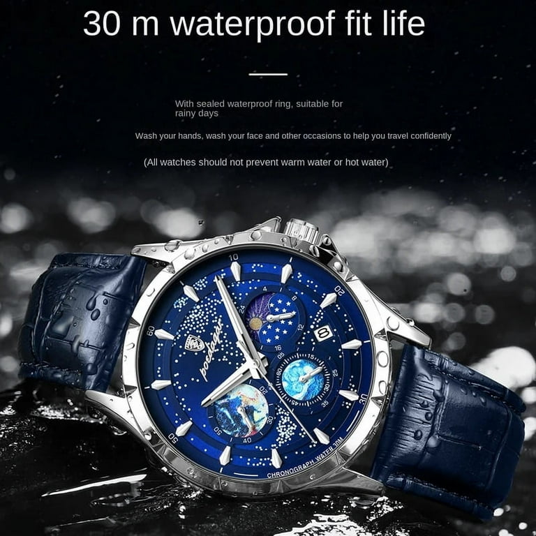 POEDAGAR Brand Fashion Blue Starry Sky Quartz Watch for Men Luxury Leather Waterproof HD Luminous Chronograph Date Watches Mens