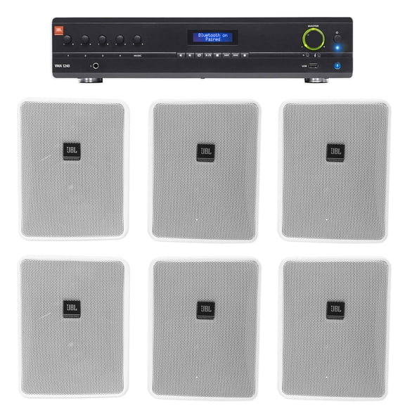 JBL VMA1240 Commercial/Restaurant 240W 70v Amplifier (6) JBL 5.25" Wall Speakers