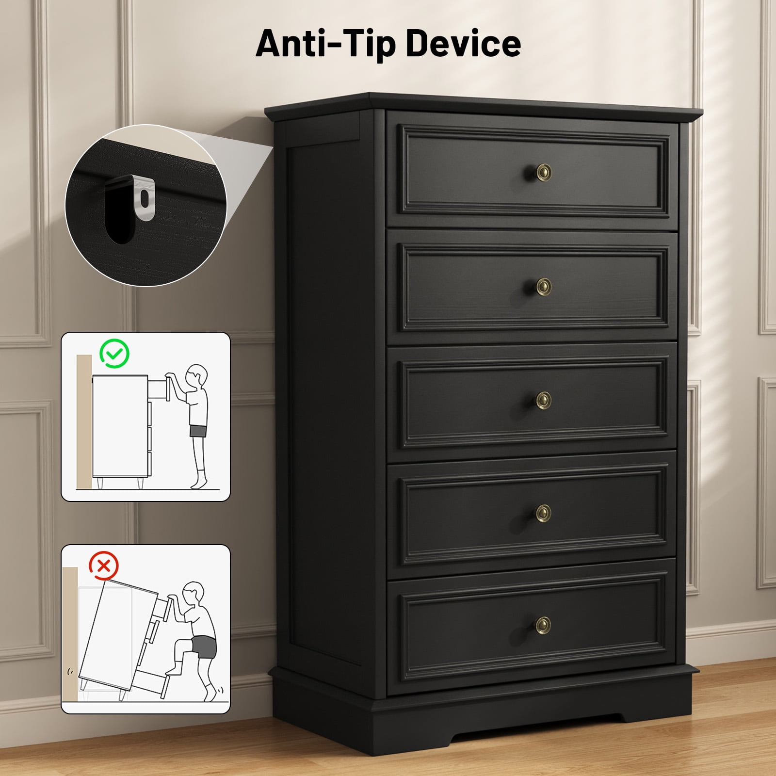 5 Drawer Dresser for Bedroom, Retro Wood Storage Cabinet with Antique Bronze Round Handles, Vintage Chest of Drawers with Solid Base for Living Room, Hallway, Entryway, Guest Room, Black