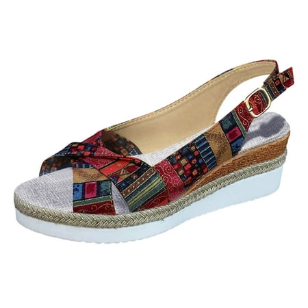 

ZMHEGW Women Geometric Pattern Slingback Sandals Vacation Canvas Wedge Sandals Bohemian Shoes