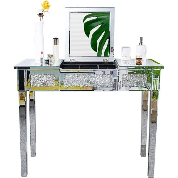 VINGLI Mirrored Vanity Table, Silver Vanity Desk with Flip-Up Mirror, 3 Drawers, Glass Crushed Diamond, Bling Mirror Vanity Desk for Women Girls Bedroom Entryway Home Office Writing Desk