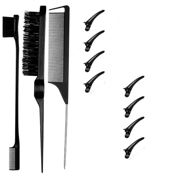11Pcs Black Hair Brushes Set with 3Pcs Topsy Tail Tools, Teasing Bristle Brush, Edge Control Brush, and 1Pcs Metal Pin Rat Tail Combs for Women's Hair Styling and Brushing