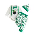 thumbnail image 2 of Elippeo Baby Boys Pants Set 3M 6M 9M 12M 18M  Long Sleeve Crew Neck Bow Romper with Shamrock Print Pants and Hat Fall Outfit, 2 of 10