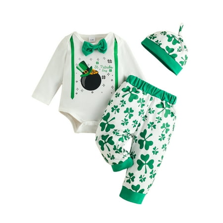 

Baby Boys My 1st first St.Patrick Day Outfit Gentleman Suit 3Pcs Bow Romper Top Shamrock Print Pants Hat Sets Newborn