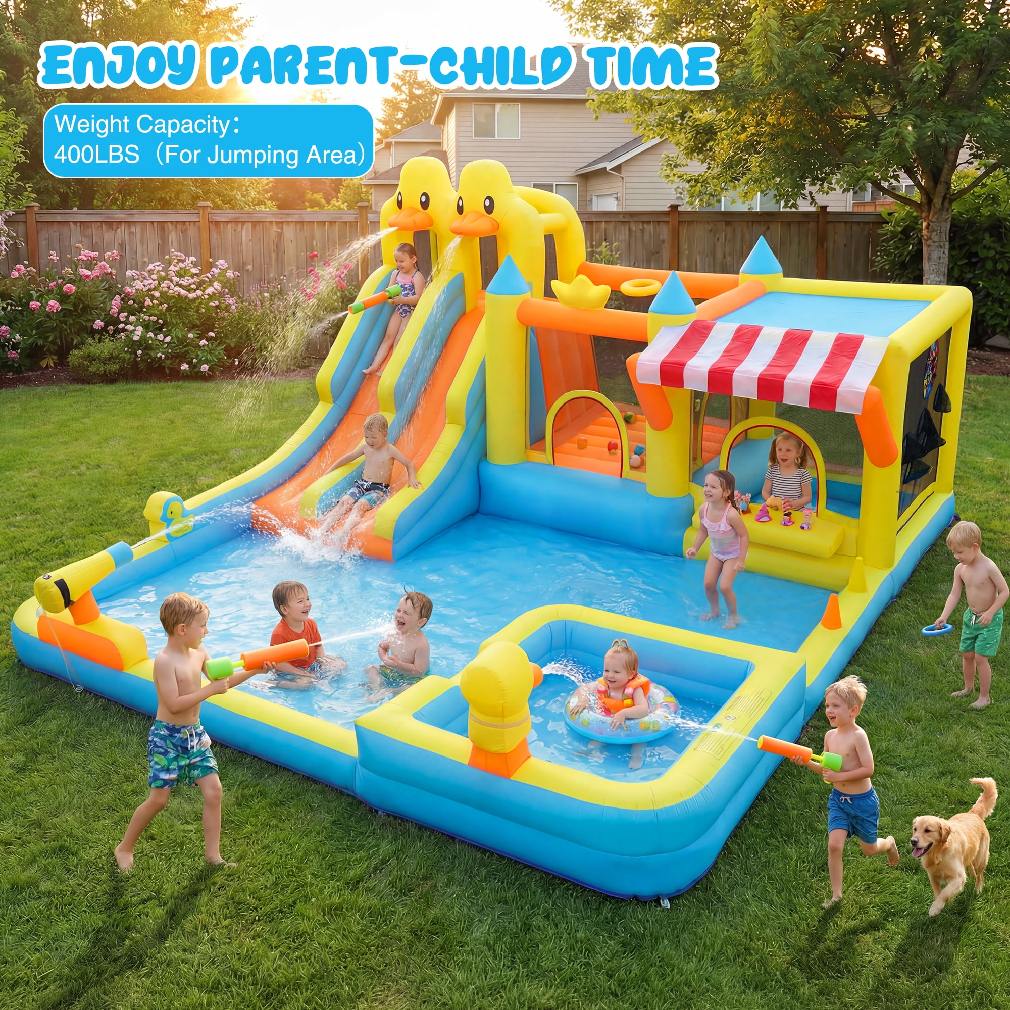 KloKick Cute Duck Inflatable Water Park with Dual Pools, Slide, Basketball Hoop & 2 Water Guns