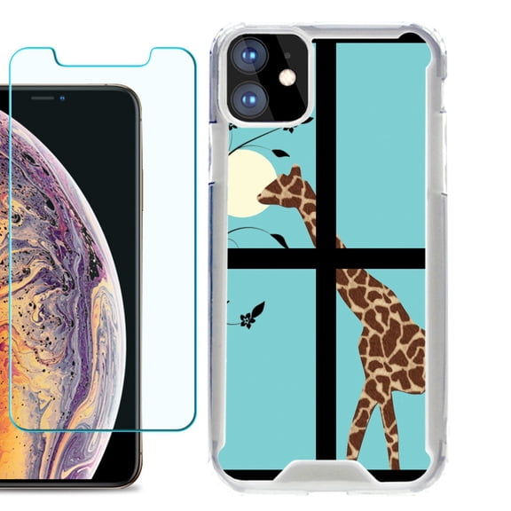 For Apple iPhone 11 Case, Hybrid Bumper Phone Case, with Tempered Glass Screen Protector, by OneToughShield ® - Moon Giraffe