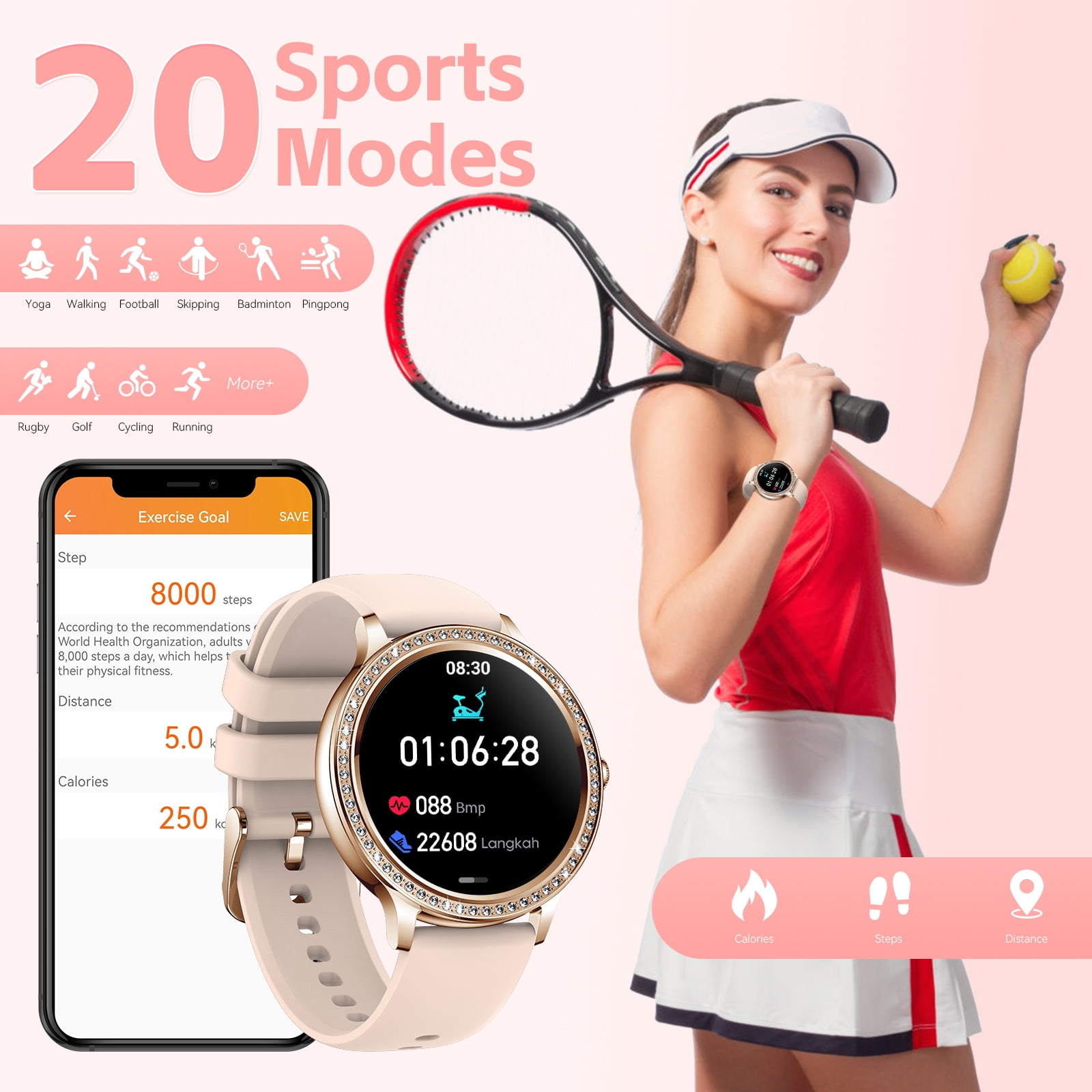XAXRE Women Smart Watch, 1.32" HD Full Touch Screen Call Receive/Dial with Pedometer Smartwatch, Activity Tracker Watch Compatible with iOS Android