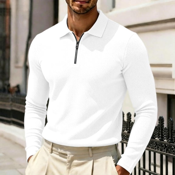Men's Solid Color Waffle Knit Quarter Zip Pullover Long Sleeve Polo Sweater Slim Fit Casual Tops, L