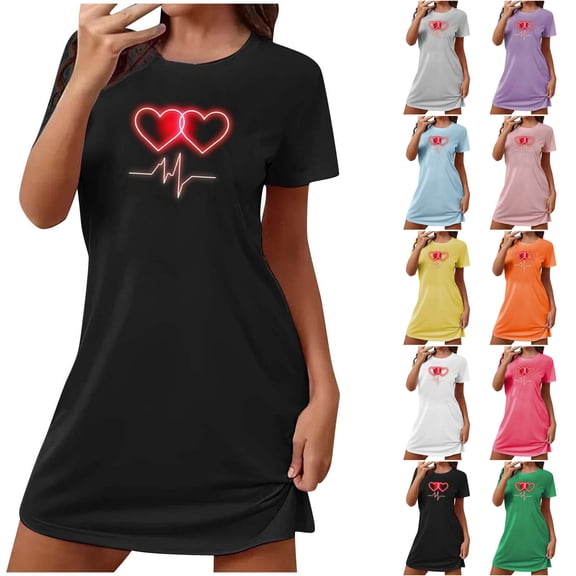Sakmal Cute Moomoo Nightgownss Women Short Sleeve Valentines Love Night dress Short Heart Print Womens Nightgown XL