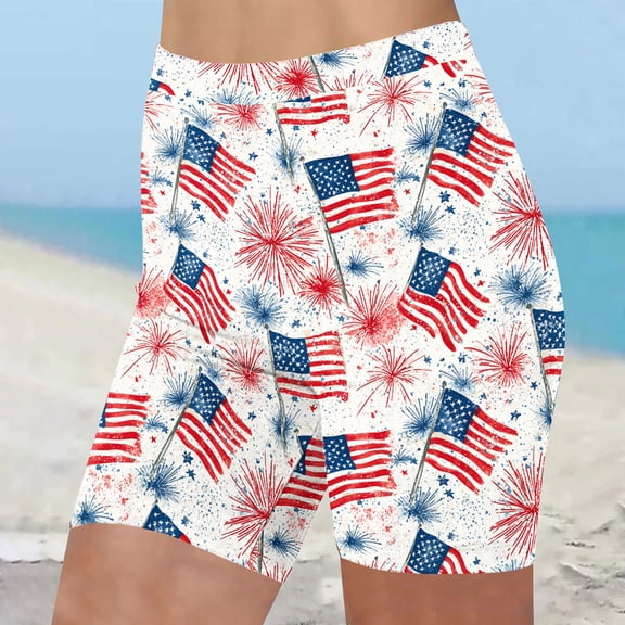 Aboser Patriotic Biker Shorts for Women Memorial Day Holiday Workout Shorts High Waisted Tummy Control Shorts USA Flag Stars and Stripes Printing Booty Shorts