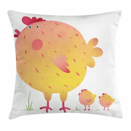 Animal Farm Cover (Chicken Throw Pillow Cushion Cover, Mother Hen and Chicks Farm Animals Agriculture Family Theme, Decorative Square Accent Pillow Case, 18 X 18 Inches, Dark Coral Pale Orange Yellow, by)