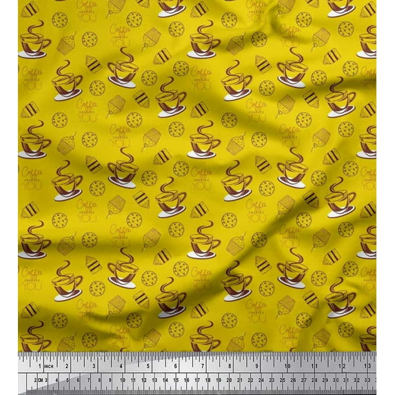 Soimoi Cotton Voile Fabric Coffee,Cookies & Cupcake Food Printed Fabric 1 Yard 42 Inch Wide