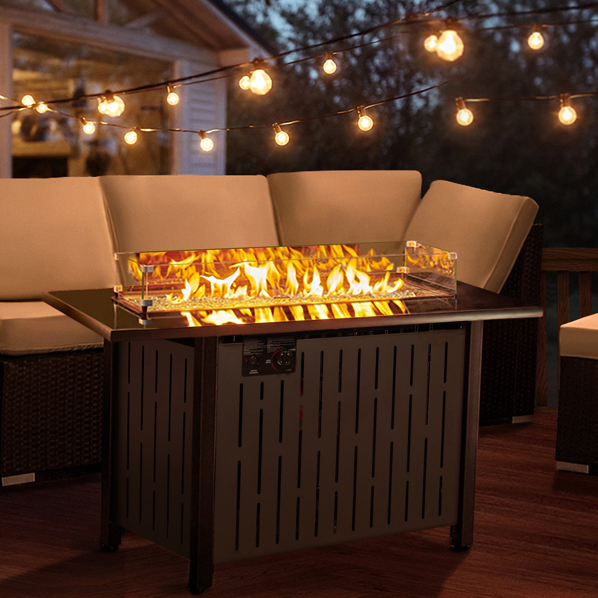 ENYOPRO 43" Propane Fire Pit with Wind Guard, 50,000 BTU Auto-Ignition Fire Pit Table, Outdoor Fire Pit with Rock and Steel Lid for Outside, Garden, Backyard, TE1765