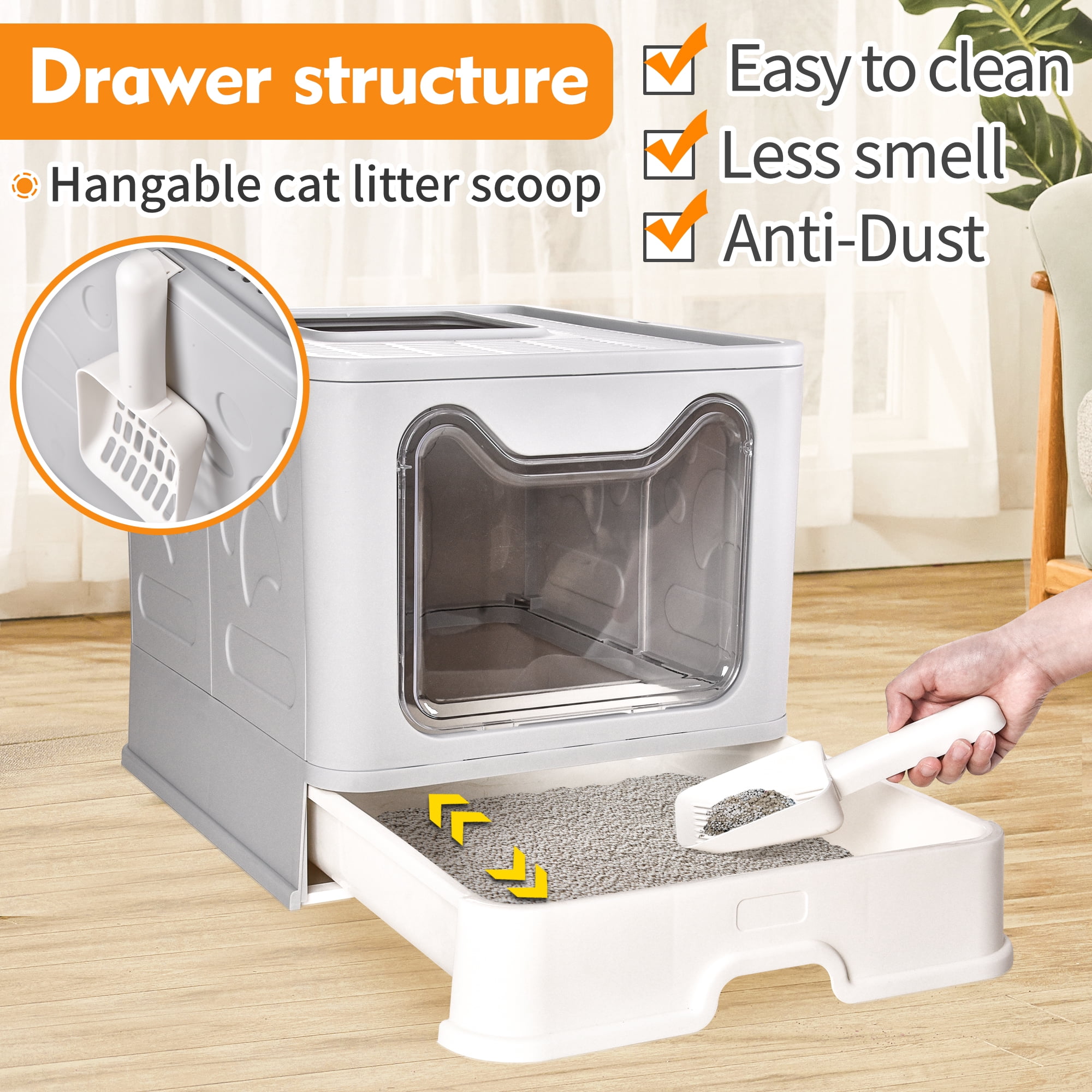 Foldable Cat Litter Box with Lid, Extra Large Covered Litter Box with Cat Litter Scoop, Drawer Type Enclosed Kitty Litter Box, Anti-Splashing Cat Litter Toilet Easy Cleaning and Scoop, Gray