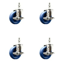 4 Inch 316SS Solid Polyurethane Swivel 12mm Threaded Stem Caster Set Brake