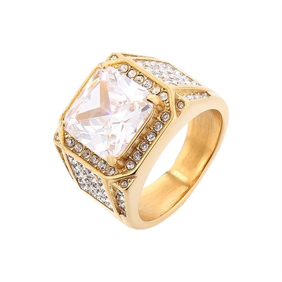 PAURO Wide Band Rings for Men Square Gemstone Cubic Zirconia Stainless Steel Silver Gold Plated Chunky 17mm Statement Personalized Gift Jewelry Gold 7