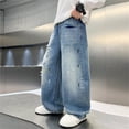thumbnail image 2 of Boys Distressed Denim Pants Loose Fit Straight Leg Splatter Wide Leg Casual Trousers For Teen Youth, 2 of 8