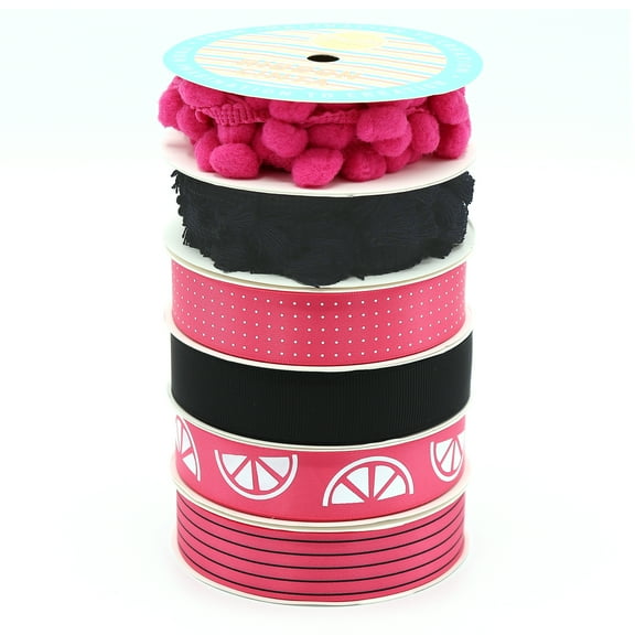 Pom-Pom, Tassel Trim and Ribbon Pack, 16 Yards, Hot Pink and Black by Gwen Studios