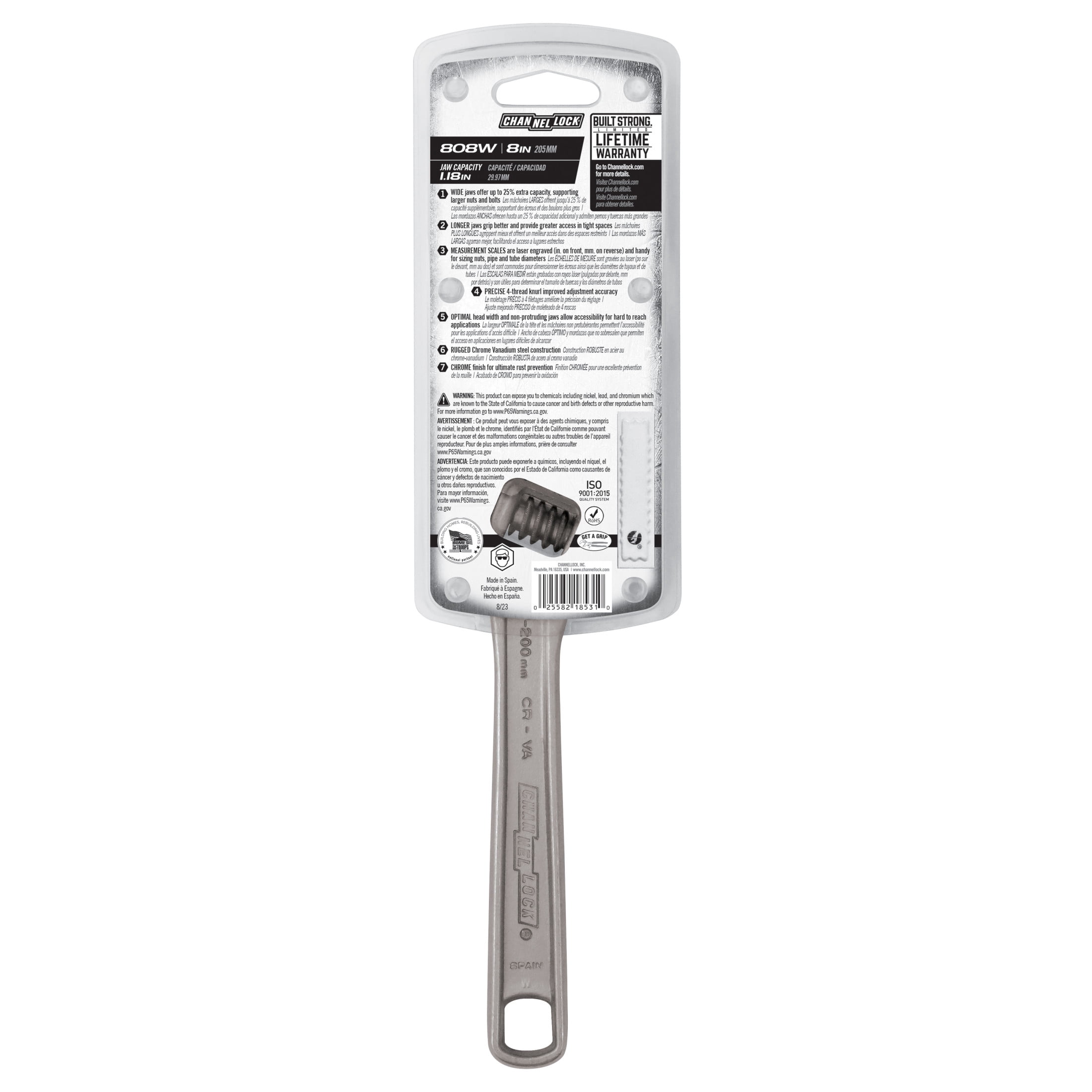 CHANNELLOCK 8-inch Adjustable Wrench, Precise 1.18-inch Wide Mouth Jaw Capacity (808W)