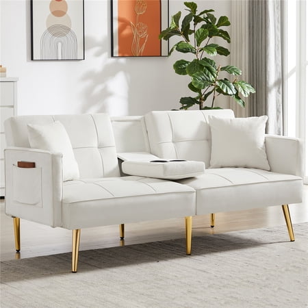 White Fabric Sofa  Convertible Loveseat Sofa for Small Spaces  Upholstered Sofa with Wood Frame and 2 Pillows  Velvet Loveseat Sofa for Living Room and Office  69.2 Lx31.4 Wx29.5 H  L1154