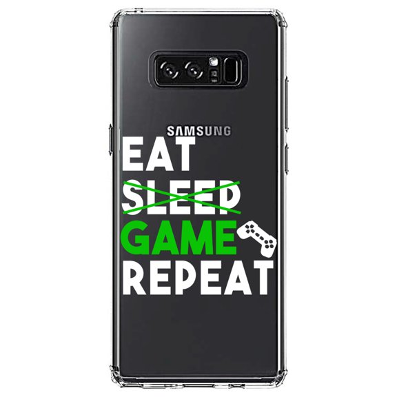 DistinctInk Clear Shockproof Hybrid Case for Samsung Galaxy Note 8 - TPU Bumper Acrylic Back Tempered Glass Screen Protector - Eat Game Repeat - Video Games Gamer