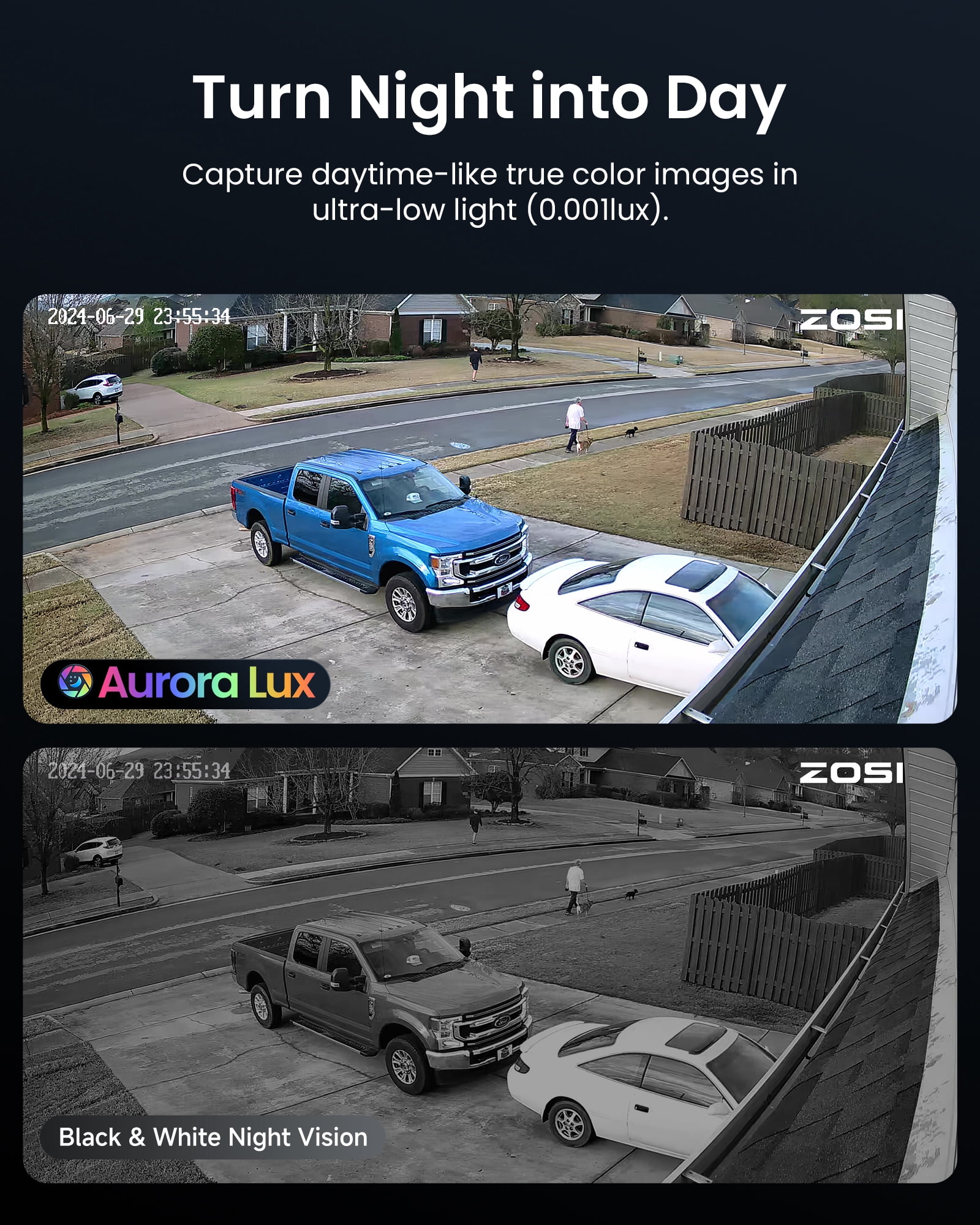 ZOSI 8MP 16CH PoE Security Camera System with 4TB HDD, 8pcs 4K C186 Aurora Lux True Full Color Night Vision Outdoor PoE Wired Camera, Person/Vehicle Alerts, Light & Siren, Two-Way Audio Enabled
