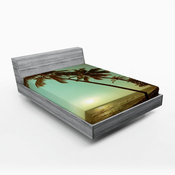 Ambesonne Tropical Fitted Sheet, Sunset Pacific Dusk, Full Size, Green Brown
