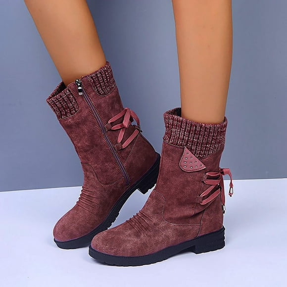 jsaierl Women Fashion Shoes Retro Western Boots Casual Warm Low Heels Mid-calf Boots