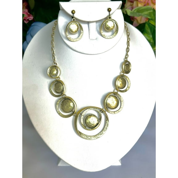 Clip on brass chain cutout circle necklace and earrings set