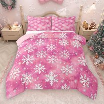 Manfei Cute Cartoon Snowflake Bedding Comforter Set,Merry Xmas Twin Comforter Sets,Pink White Bedding Set For Girl Kids,Luxury Bedroom Decor Reversible,2-Piece