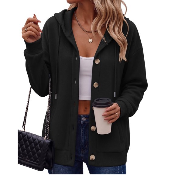 CIENVNSTG Women'S Fashion Hoodies & Sweatshirts Button Front Hooded Sweatshirt Loose Fit Casual Fleece Jacket With Pockets Black L