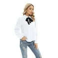 thumbnail image 2 of Xmarks Women's Long Sleeve Bow Tie Work Blouses Ruffle Lapel Button Down Business Shirts Girls School Uniform Lady White Shirt Black Shirt, S-2XL, 2 of 6