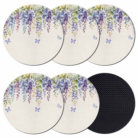 Purple Spring Floral Coasters Set of 6 Absorbent Coasters for Drinks Butterfly Weeping Watercolor Botanical Coaster for Desk Coffee Table Protection Home Decor House Warming Gifts 4