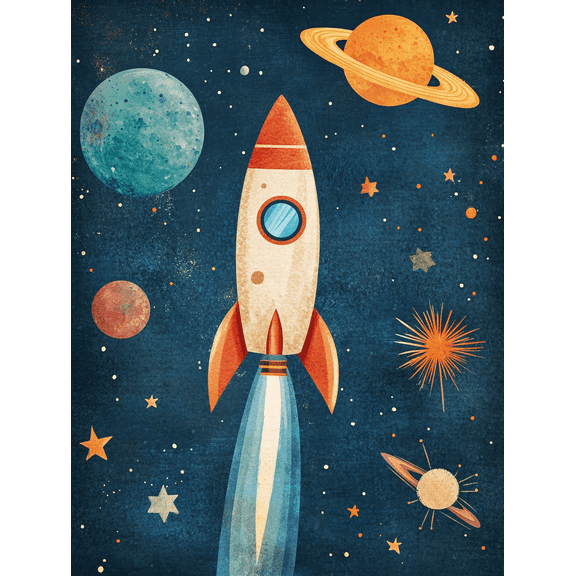 Retro Rocket Space Canvas Art/Wall Art, Suitable for Living Room, Bedroom, Office, Nursery, and Kids Room Decoration.
