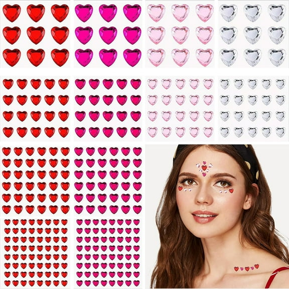 12 Sheet Heart Gem Stickers, 4 Color Flat Back Self Adhesive Heart Rhinestone Stickers Heart Face Gems Crystal Stickers Valentines Makeup Phone Case Cup Scrapbooking Cards Embellishments DIY Crafts